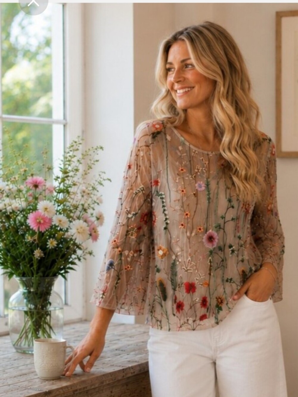 Embroidered Floral Mesh Boho Blouse | Cottagecore Romantic Sheer Top